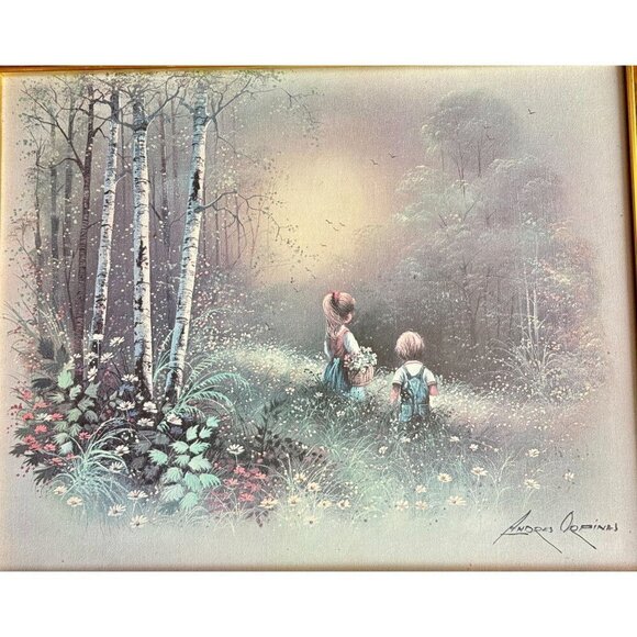 Vintage Andres Orpinas Art Print, Boy and Girl Collecting Flowers Wall Decor - Picture 14 of 16